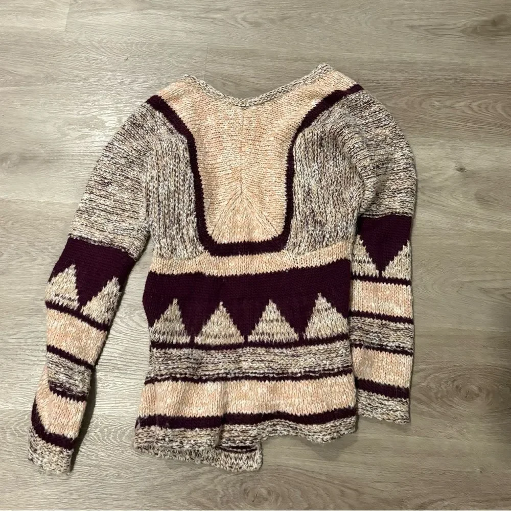 Free People Marled Cream and Burgundy Geometric Knit Cardigan